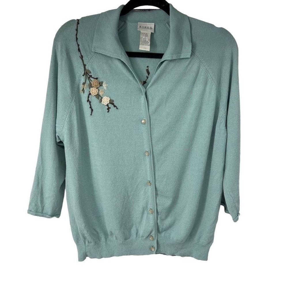 Vintage Koret Turquoise Floral‎ Embroidered Button Up Cardigan